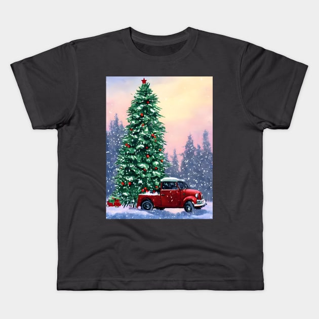 Snowing Christmas Tree Farm Santa Christmas Truck Heading to the Village Kids T-Shirt by DaysuCollege